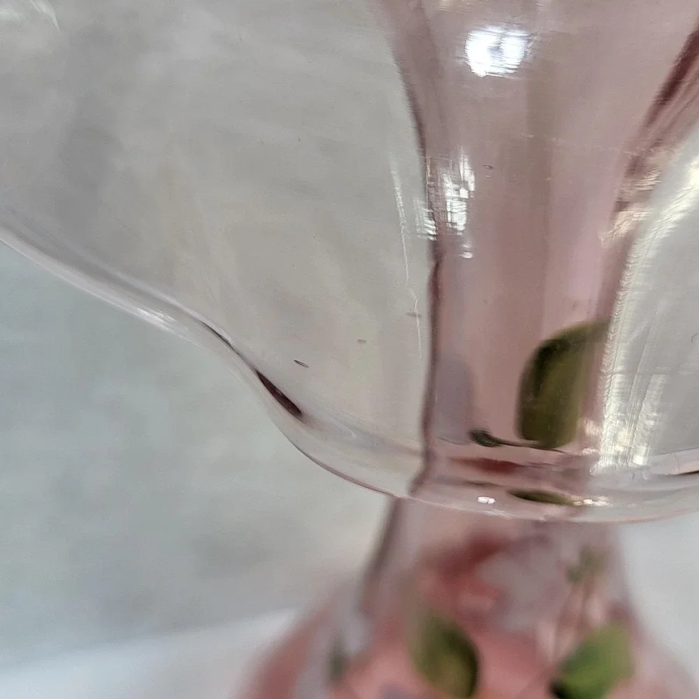 Fenton Pink Glass‎ Hand Painted Floral Ruffled Vase Signed 1991 USA